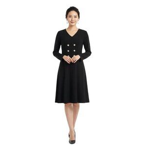 Ming Wang NWT Knit V Neck Quiet Luxury Pearl Button Black Dress Size M